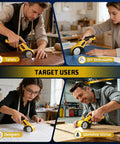 Rechargeable Cordless Electric Scissors With LED Light and Two Extra Blades for Cardboard Cutting 0.25 Inch Thick 320RPM Box Cutter Tool in use by tailors, designers, DIY enthusiasts, and workshop workers.