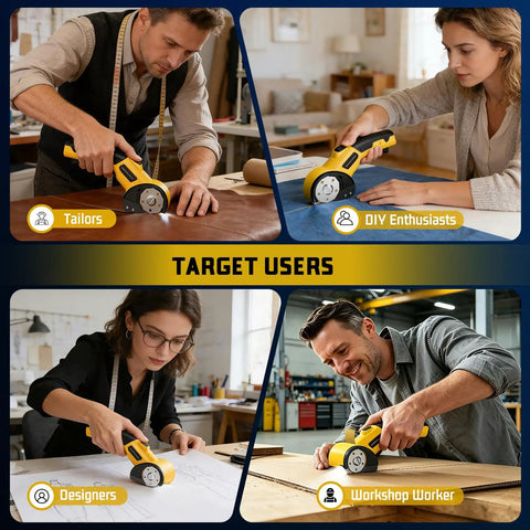 Rechargeable Cordless Electric Scissors With LED Light and Two Extra Blades for Cardboard Cutting 0.25 Inch Thick 320RPM Box Cutter Tool in use by tailors, designers, DIY enthusiasts, and workshop workers.