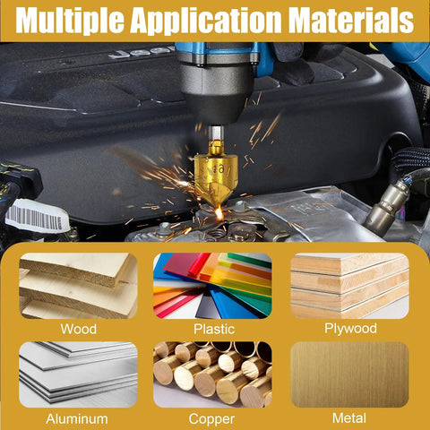 Drill using Three Piece Countersink Drill Bit Set With Hex Shank For Metal Hole Edge Prep Includes One Half Inch Five Eighth Inch And Three Quarter Inch Chamfer Bits In Gold Finish Multi Size Chamfer Tooling For Precise Fast Holes on metal surface