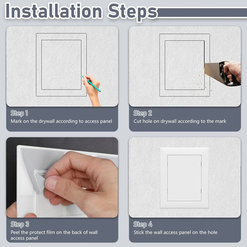 Installation steps for Heavy Duty Self Adhesive Access Panel For Drywall 6 X 8 Inch Plumbing Wall Hole Cover with visible actions.