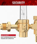Front view of brass Argon/CO2 welding gas regulator with vertical flow-meter gauge and built-in safety vent
