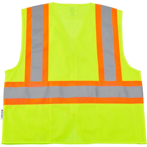 Back view of Class Two High Visibility Safety Vest Zip Front Two Pockets Lime Mesh Reflective Workwear in mesh fabric.