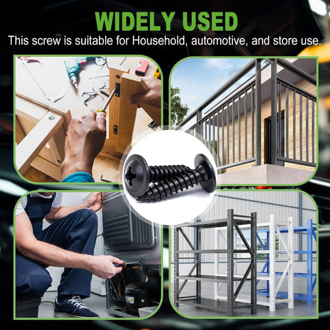Ready For The Grind 370 Piece Phillips Truss Head Black Wood Screws With Rubber Washers Rustproof Zinc Plated Self Tapping Fastener Kit image showing various applications for household and automotive use.