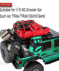 Roof Rack Accessory Kit For One Tenth Scale RC Crawlers TRX4 TRX6 SCX10 Red Cat Including Luggage Bag on green crawler