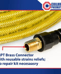 Pro Grade Heavy Duty Reinforced Polyurethane Air Hose 3 Eighths Inch ID, 100 Feet Long With Two 3 Eighths Inch MPT Reusable Strain Relief Fittings, Transparent Yellow, Cold Weather Flexible, Weather and Oil Resistant For Worksite Tough with brass connectors, transparent yellow
