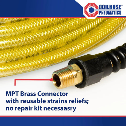 Pro Grade Heavy Duty Reinforced Polyurethane Air Hose 3 Eighths Inch ID, 100 Feet Long With Two 3 Eighths Inch MPT Reusable Strain Relief Fittings, Transparent Yellow, Cold Weather Flexible, Weather and Oil Resistant For Worksite Tough with brass connectors, transparent yellow