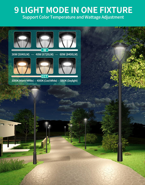 LED Post Top Outdoor Light With Adjustable 3CCT Modes 36W 48W 60W Waterproof IP65 Photocell Sensor ETL Listed in garden path