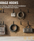 Heavy Duty Garage Storage Hooks 10 Pack Wall Mount J Utility Hangers organizing tools and hoses in a garage