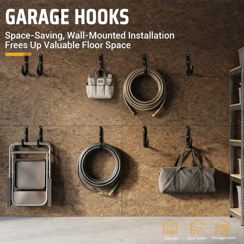 Heavy Duty Garage Storage Hooks 10 Pack Wall Mount J Utility Hangers organizing tools and hoses in a garage