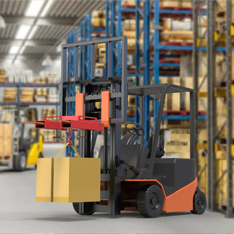 Forklift lifting hook with red powder coat, heavy duty swivel crane hook for dual pallet forks, 6600 lb capacity in warehouse