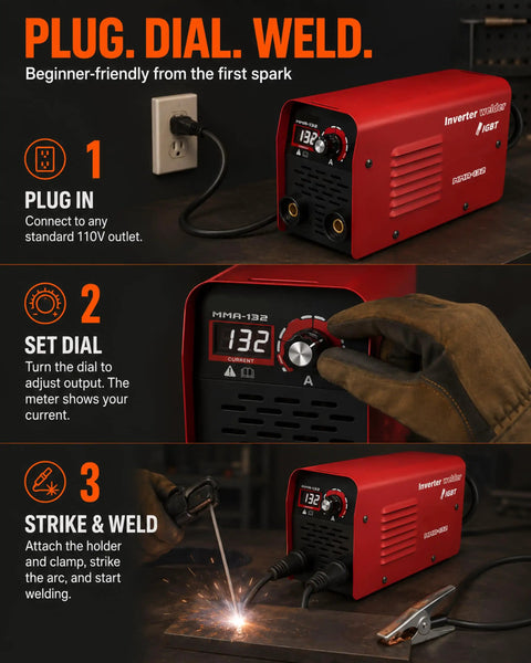 132A 110V Arc Welder With IGBT Inverter Hot Start Arc Force Anti Stick Portable Mini Welder plugged into outlet, dialed, welding
