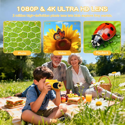 Child using Handheld Digital Microscope For Kids With 2 Inch IPS Screen Up To 1000X Magnification Portable STEM Science Toy in a park.