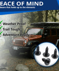 License Plate Screws Front And Rear Mount Hardware Kit Black Plated Rustproof Stainless Steel Self Tapping Bolts For Most Domestic Cars Trucks SUVs Pack Of Four No Fuss Install displayed with rugged Jeep outdoors