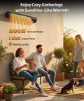 Outdoor scene with people enjoying warmth from 34 Inch 1500W Infrared Patio Heater With Motion Sensor IPX5 Waterproof 9 Heat Levels And 9H Timer Wall Mounted Indoor Outdoor Space Heater For Patio Backyard Garage And Decks Delivers Instant Warmth And Energy Savings mounted on a wall.