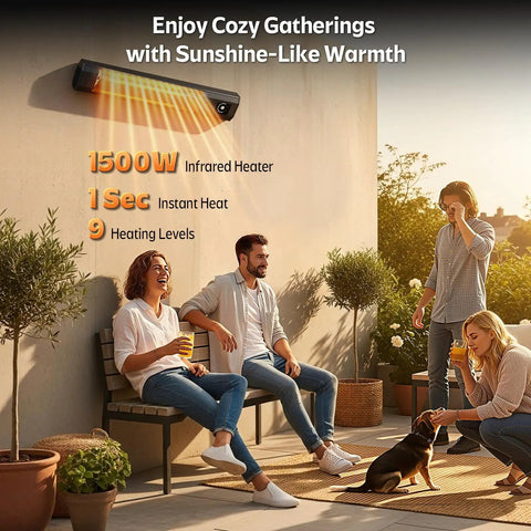 Outdoor scene with people enjoying warmth from 34 Inch 1500W Infrared Patio Heater With Motion Sensor IPX5 Waterproof 9 Heat Levels And 9H Timer Wall Mounted Indoor Outdoor Space Heater For Patio Backyard Garage And Decks Delivers Instant Warmth And Energy Savings mounted on a wall.
