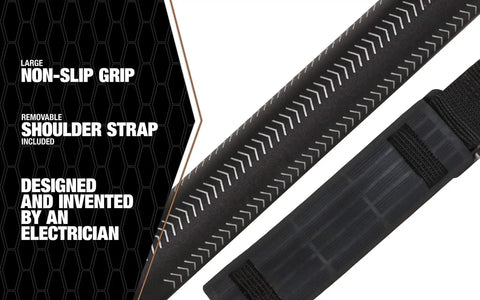 Close-up of Ultralight Telescopic Pole For Electricians With Rust Resistant Fish Tape Tool Maximum Reach With Minimal Effort Fast Setup Versatile Electrical Installations showing non-slip grip and shoulder strap.