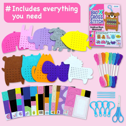 Beginner Needlepoint Cross Stitch Kit For Kids Ages Five To Eight, Easy Embroidery Starter Set with pre-printed patterns displayed