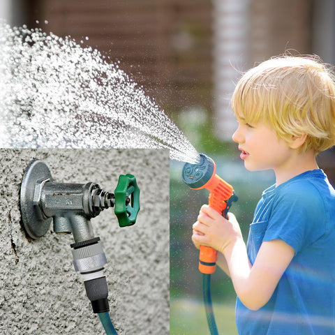 Boy using hose connected to Vacuum Breaker Repair Kit For Frost Free Sillcock Outdoor Faucet Anti Siphon Valve Replacement Parts