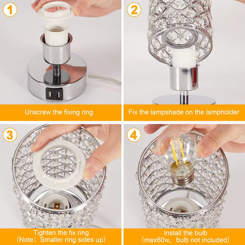 Installation steps of Lit Crystal Table Lamp Set With Dual USB Ports, Touch Control, 3 Way Dimmable Nightstand Lamps.