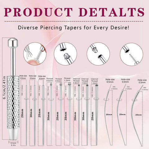 Ball Grabber Piercing Tool Kit For Jewelry In 14G To 20G Stainless Steel details with curved and straight cones.