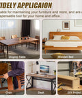Various furniture including dining table, wooden bed, and desk showing uses for 30 Pack Flat Head Socket Cap Screws For Furniture 1/4-20 X 2 Inch Black Allen Bolts Fully Threaded Countersunk Joint Connectors Carbon Steel Durable Rust Resistant Heavy Duty Hardware Kit