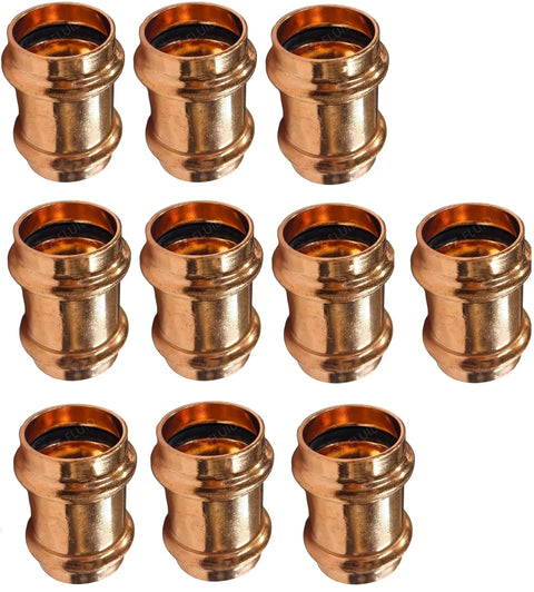 Pro Grade One Half To Two Inch Copper Press Slip Couplings No Stop Lead Free Fittings For Residential And Commercial Plumbing X Press Compatible 10 Pack, showing ten copper couplings arranged in two rows.