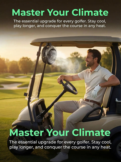Man enjoying a cool breeze with the 2-Pack Magnetic Golf Cart Misting Fan With Heavy-Duty Strap And 12000mAh Battery