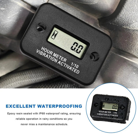 Vibration Activated Hour Meter for Motorcycles, Generators, and Compressors, Waterproof Digital LCD Time Counter with Maintenance Reminder, Tiny Durable Gauge for Service Intervals and Wear Tracking. Black ABS hour meter mounted on equipment, IP68 waterproof.