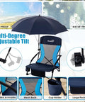 Foldable Beach Chair With Umbrella For Adults, Portable Low Profile Seat With 300 Lb Capacity, Navy Blue, features shown