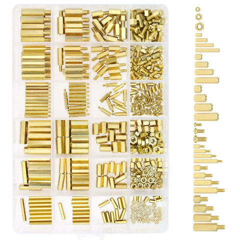 Heavy Duty Brass Spacers Standoffs Set with M2.5 M3 M4 Hex Screws and Nuts Assortment Kit for PC Motherboard Assembly in organized compartment.