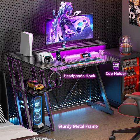 40 Inch L Shaped Gaming Desk With Power Outlet And LED Lights Carbon Fiber Textured Corner Computer Desk with Monitor Stand