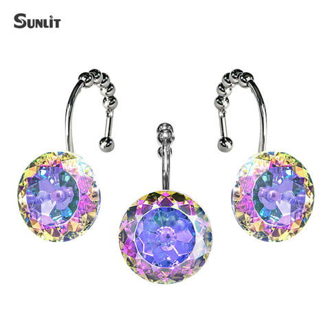 Dope Diamond Crystal Shower Curtain Hooks With Glide Balls Rainbow Color Rustproof Metal Mermaid Rings For Girls 12 Pack