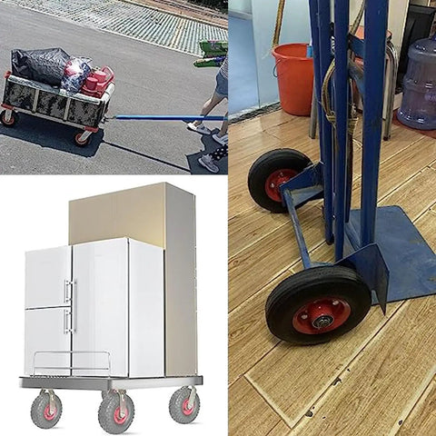 Set Of Two Heavy Duty Pneumatic Rubber Swivel Casters With Safety Brakes Roll Smooth And Crush 300Kg Loads Quietly For Shop Garage Warehouse Jobs Built Tough The Daily Grind, used for moving heavy appliances.