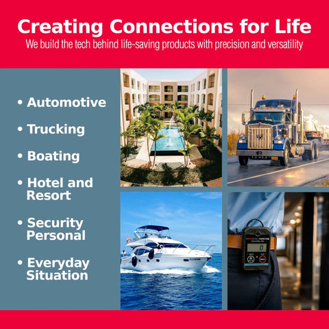 Collage of a luxury hotel, truck, yacht, and CO detector illustrating versatile use in automotive, hotel, and security sectors.