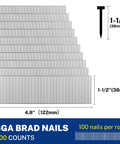 Kickass 18 Gauge Brad Nails 6000 Count Zinc Plated Steel 1 1 2 Inch stacked in rows with dimensions labeled for use.
