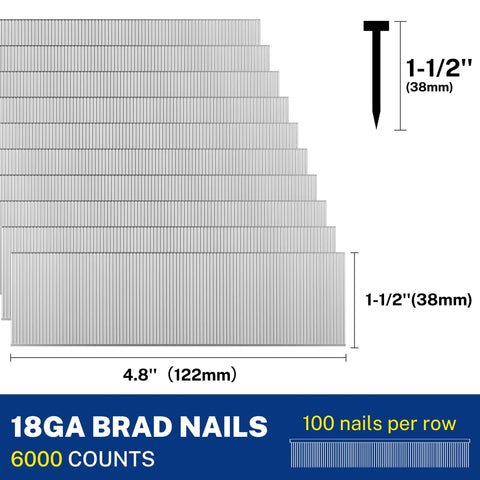 Kickass 18 Gauge Brad Nails 6000 Count Zinc Plated Steel 1 1 2 Inch stacked in rows with dimensions labeled for use.