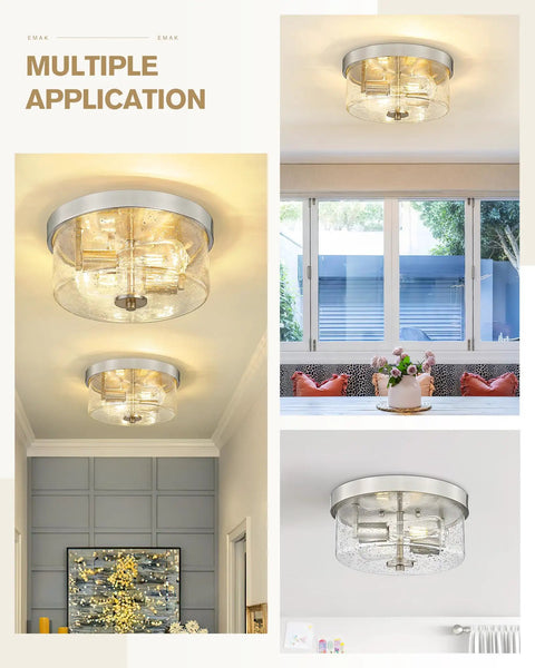 Dope Matte Black Two Light Flush Mount Ceiling Light Fixture With Seeded Glass Shades installed in various rooms.