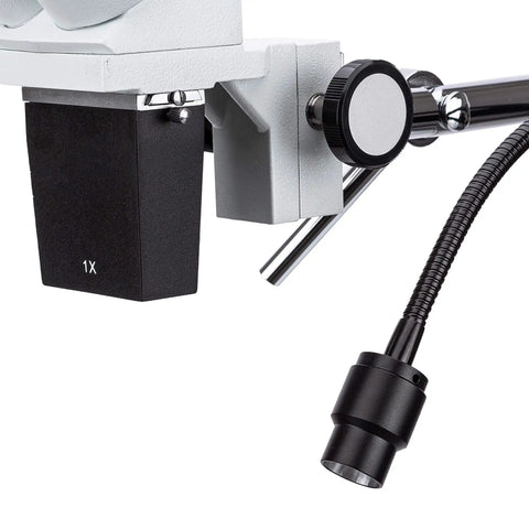 Pro Grade Binocular Stereo Microscope With Long Working Distance Boom Arm For Big Jobs Like Circuit Boards And Dental Appliances With Interchangeable WF10x And WF20x Eyepieces For Sharp Precise Inspection. 1x objective and LED light
