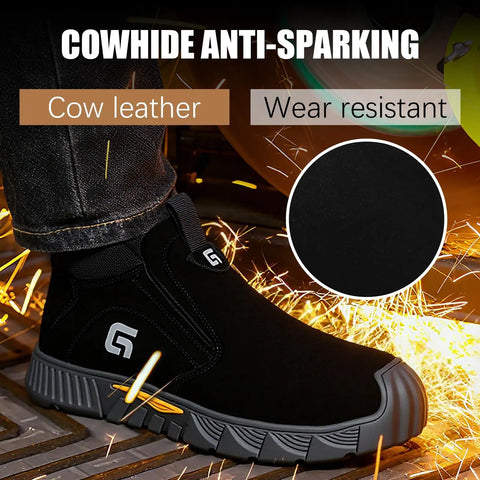 Welding Work Boots For Men Mid Cut Steel Toe Slip On Black Durable Safety Footwear For Welders Construction And Industrial Use ASTM Certified Protective Boots Built Tough For Heavy Duty Jobs