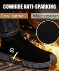 Black Mid Cut Welding Boots For Men With Steel Toe Slip On Work Shoes Built Tough For Welders Indestructible Safety Boots Protective Footwear For Construction And Industrial Jobs ASTM Certified, made from cow leather and wear resistant material, with sparks visible.