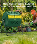 Dual Chamber 43 Gallon Compost Tumbler Bin With Aeration Paddles For Faster Smell Free Backyard Composting Bundled With Pearsons Gardening Gloves For Easy Mess Free Setup In Any Yard shown in a garden setting with a gardener in the background.