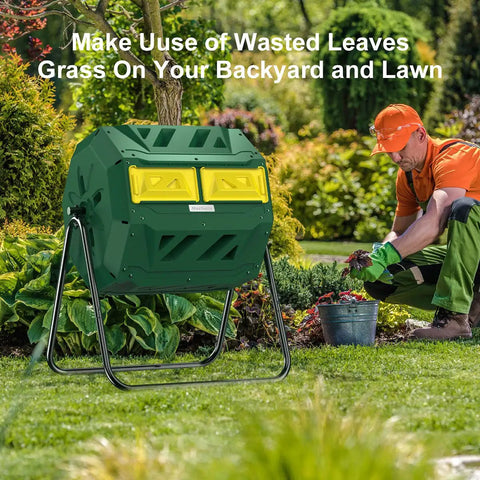 Dual Chamber 43 Gallon Compost Tumbler Bin With Aeration Paddles For Faster Smell Free Backyard Composting Bundled With Pearsons Gardening Gloves For Easy Mess Free Setup In Any Yard shown in a garden setting with a gardener in the background.