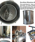 Heavy Duty Manual Honey Press Built With Thick 304 Stainless Steel For Serious Durability, showcasing filter mesh and honey extraction.