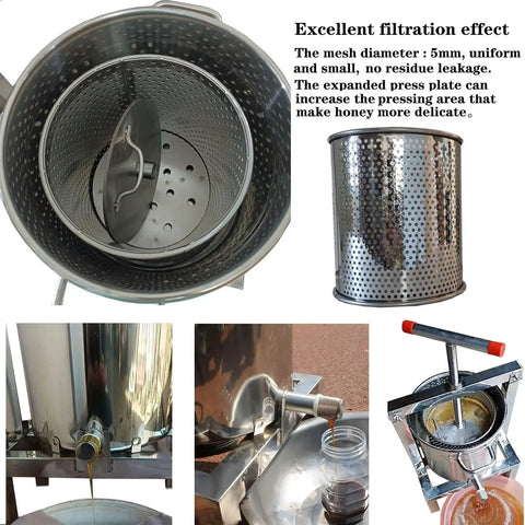 Heavy Duty Manual Honey Press Built With Thick 304 Stainless Steel For Serious Durability, showcasing filter mesh and honey extraction.