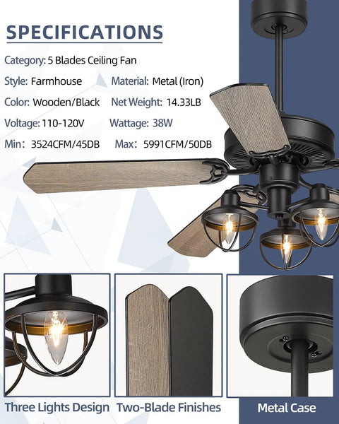 Specifications of 52 Inch Farmhouse Ceiling Fan With Remote Control And 3 Lights, Industrial Vibe Dope Barnwood And Matte Black Design