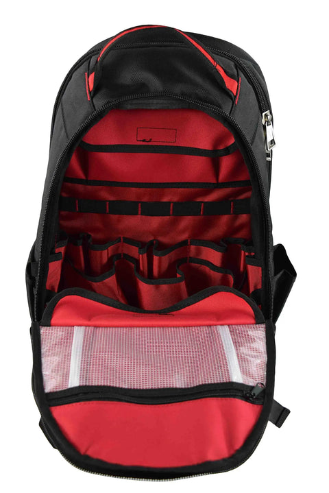 Open view of Pro Grade Jobsite Backpack For Tradesmen With Ultra Durable 1680D Fabric, showing built-in tool pockets and red interior.