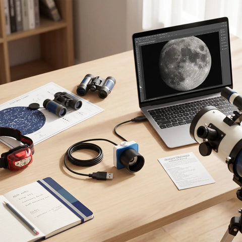 Real Time Telescope Eyepiece Camera For Astrophotography No Fuss 1.25 Inch USB Digital Camera connected to laptop showing moon
