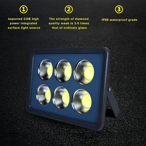 JUDYSSY Led Floodlight Outdoor 100-600W featuring six high power COB LEDs, IP66 waterproof, durable frame for outdoor security.