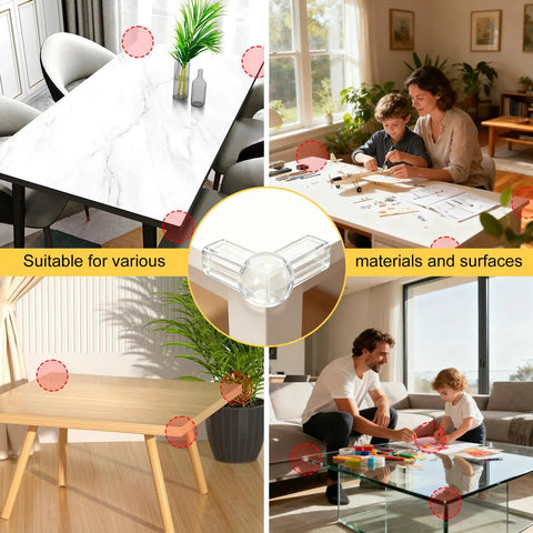 12 Pack Clear Corner Protectors Baby Proof Furniture Edge Bumpers on various table surfaces featuring a clear rounded corner shield.