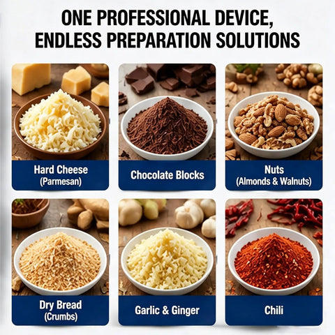Heavy-Duty Commercial Cheese Grater And Shredder Machine With Nut Grinder Function ingredient preparation image
